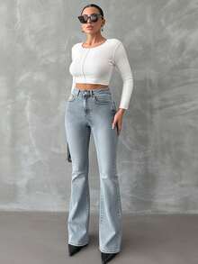 EURMUSE 98%Cotton Zip Front Slant Pocket Casual Flare Jeans - Baby Blue - View 4