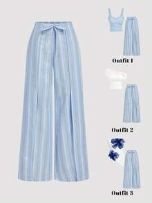 SHEIN MOD 女士休闲通勤蓝色条纹阔腿裤 - 藍色 - 查看 1