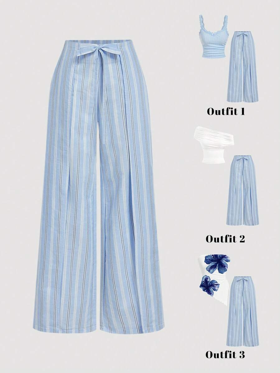 SHEIN MOD 女士休闲通勤蓝色条纹阔腿裤 - 藍色 - 查看 1