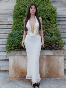 Hitanina Đầm hở lưng hở lưng họa tiết sao biển chữ V sâu cho kỳ nghỉ của phụ nữ, màu be - Màu be - Xem 2