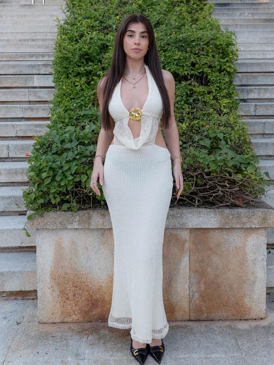 Hitanina Đầm hở lưng hở lưng họa tiết sao biển chữ V sâu cho kỳ nghỉ của phụ nữ, màu be