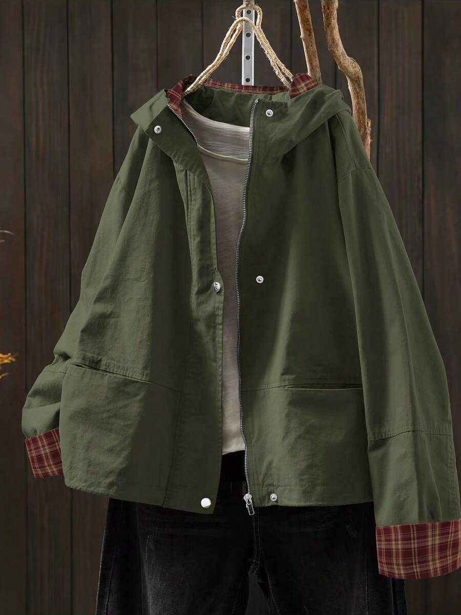 Linhara Áo khoác dài tay dáng rộng phối màu kẻ caro và trơn, kiểu dáng thường ngày, cỡ lớn. - màu xanh lá - Xem 1