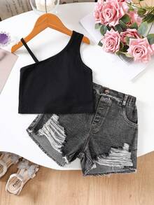 SHEIN 2 Pieces Set: Young Girl Solid Color Knit Spaghetti Strap Tank Top And Denim Shorts,College Style, Back To School.School Daily. - Black - View 1