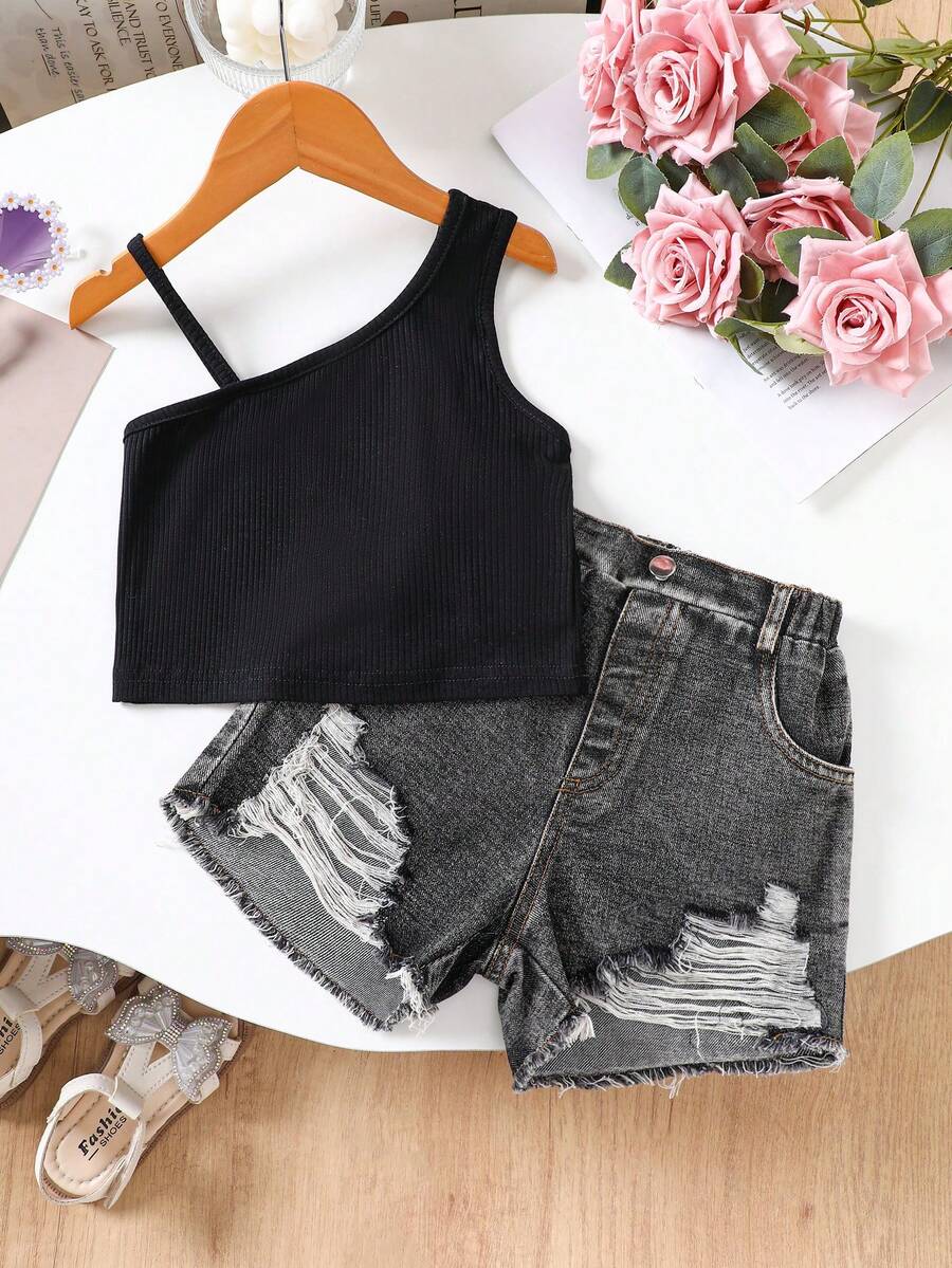 SHEIN 2 Pieces Set: Young Girl Solid Color Knit Spaghetti Strap Tank Top And Denim Shorts,College Style, Back To School.School Daily. - Black - View 1