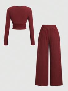 Sweetra Women's New Spring/Autumn/Winter Casual, Home, Office, Solid Color Plush Ribbed Open Front  Ruched Design Adjustable Waistband 2-Piece Set - Burgundy - View 2