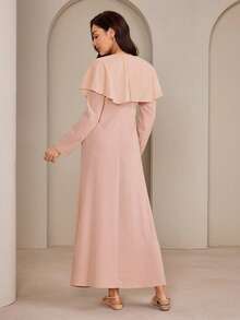Graceveil Women's Elegant Dusty Pink Maxi A Line Dress With V Neck Long Sleeves And Flared Hem Woven Fabric Plain Design Featuring Zipper - Dusty Pink - View 2
