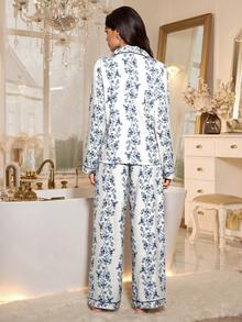 LuxeNights 女士泡泡褶皱印花长袖睡衣套装 女士家居服套装 女士睡衣套装 女士家居服套装 睡衣 女士两件套 蓝白睡衣 - 白色 - 查看 2