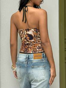 FavEase Damen Leoparden-Muster Patchwork Kontrast-Farbe Metall-Dekor Tiefer V-Ausschnitt Schnürung Träger Elegantes Sexy Party Strick Camisole Top - Kaffeebraun - Übersicht 2