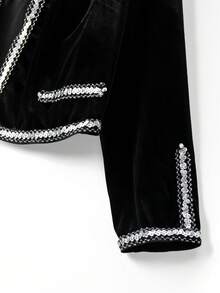 GlowEve CURVE Plus Size Women Velvet Fabric Beaded Trim Fashionable Casual Everyday Zip-Up Long Sleeve Jacket - Black - View 5