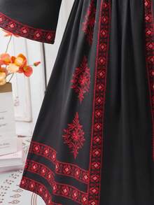 Young Girls' Print Pattern Belted Square Neck Dress, Suitable For Casual, Holiday, & Cute Daily Wear, Spring/Autumn - Black - View 11