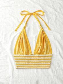 Roelina Áo croptop nữ gợi cảm hở lưng kẻ sọc, buộc dây phía trước, thích hợp cho kỳ nghỉ biển. - Màu vàng - Xem 2