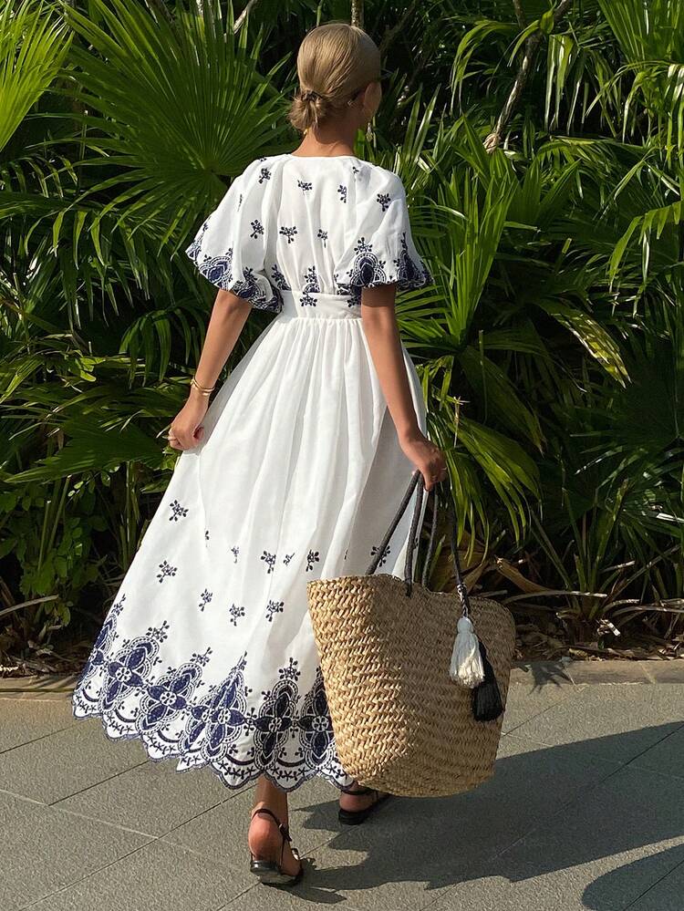 Women's Elegant Floral Print Tie-Waist Mid-Length Dress, Spring/Summer Sundress