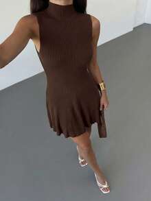 Aloruh Minimalist High-End Brown Sleeveless Stand Collar A-Line Mini Ribbed Knit Dress, Spring/Summer,Spring Outfit Women,Spring Break Outfits - Coffee Brown - View 9