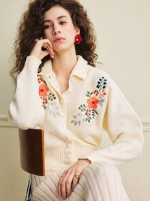 Écloséra Early Spring New Vintage Elegant Loose Beige Collar Long Sleeve Embroidered Floral Pattern Sweater Paired With Ribbed Bodycon Maxi Skirt Women 2-Piece Knit Set - Beige - View 4