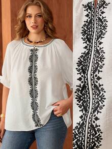Roveilla Plus Size Women's Spring/Summer French Romantic Sicily Elegant Casual Commute Bohemian Vacation Round Neck Raglan Sleeve Elastic Cuff Ruffle Collar Embroidered Front Short Sleeve Blouse - White - View 8