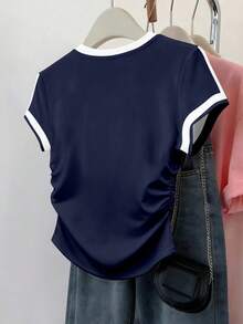 Resyla 女士收腰短袖修身褶皱腰部上衣 意大利字母印花图案短袖条纹T恤 - 彩色 - 查看 2