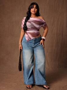 Elenzga 大码艺术渐变网纱不对称肩部度假优雅印花衬衫 - 藕粉色 - 查看 8