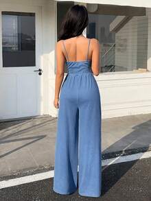SHEIN Bộ áo liền quần denim ống rộng dáng suông thoải mái dành cho nữ - Màu xanh lam - Xem 2