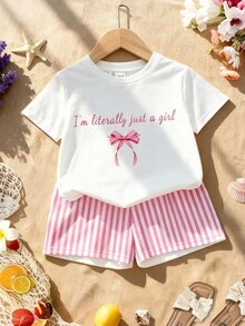 SHEIN 2件套，适合4-7岁女童，花朵樱花字母印花圆领短袖T恤+樱花短裤，轻薄面料，可爱花朵短袖短裤套装，休闲夏季装扮 - 彩色 - 查看 3