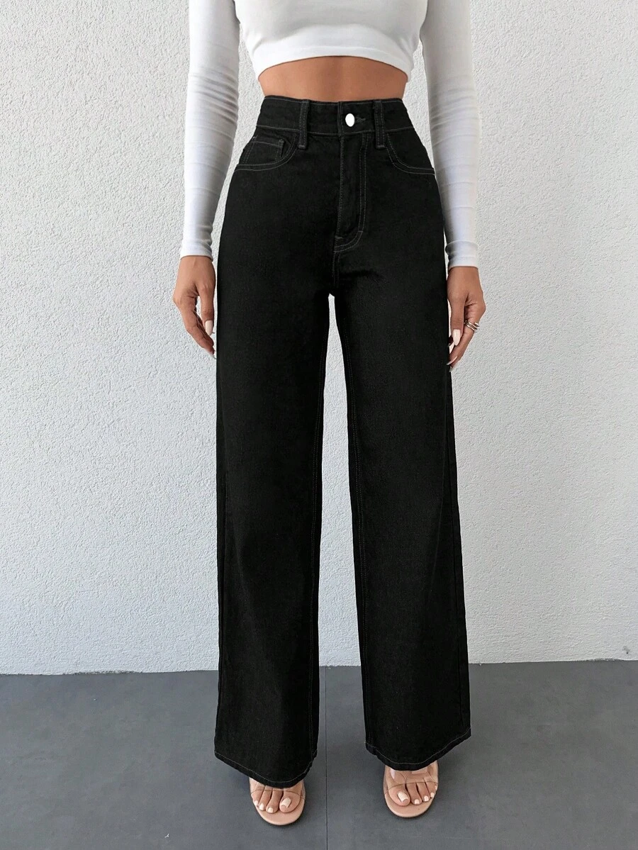 SHEIN 100%Cotton Slant Pocket Wide Leg Jeans - Black - View 1