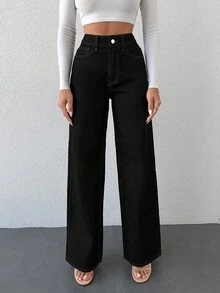 SHEIN 100%Cotton Slant Pocket Wide Leg Jeans - Black - View 4