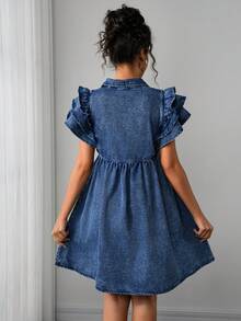 Momance Fashionable & Elegant Ruffle Sleeve Button Front Maternity Denim Dress - Blue - View 2