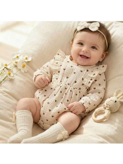 Loomiva Newborn Baby Girl Heart Pattern Ruffle Collar Long Sleeve Bodysuit