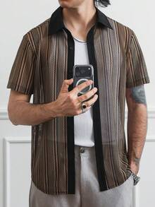 HUEFORM Camisa Casual Masculina de Manga Curta com Listras, Verão - Multicolorido - Visão 5