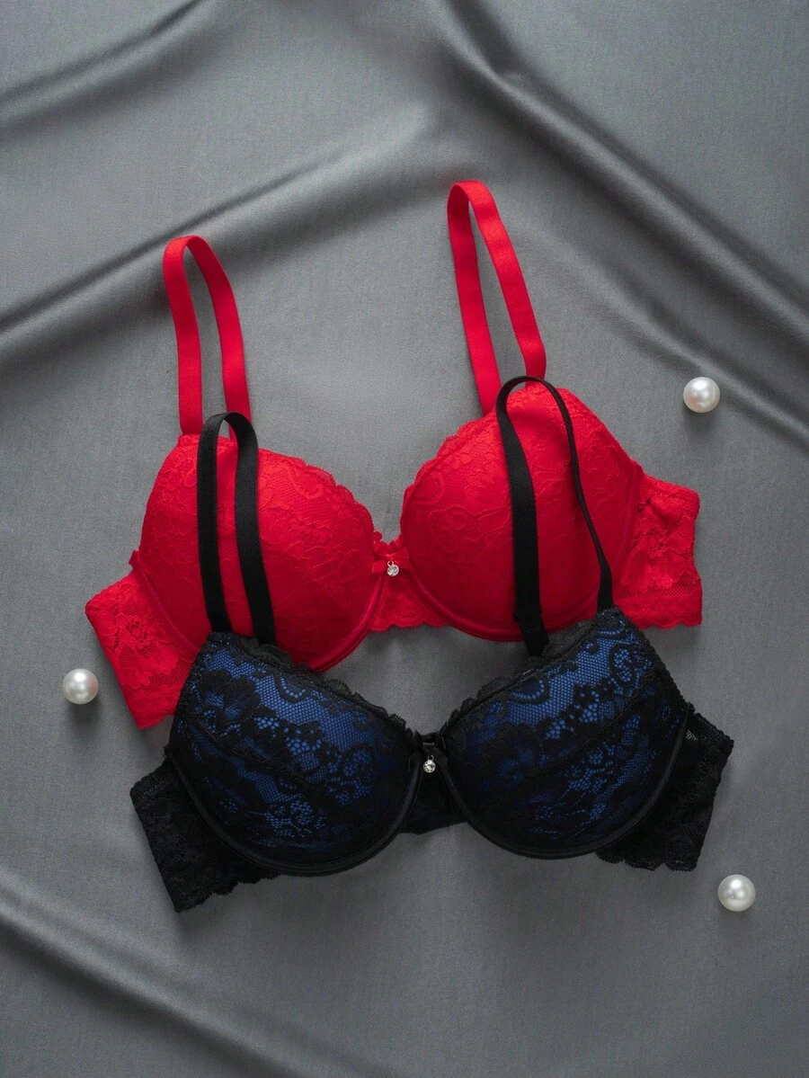 DesireSculpt 2pcs Romantic Lace Bra Set, Lift And Support, Enhances Bust, Adjustable - Multicolor - View 1
