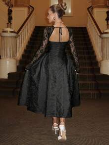 Glamine Charm 优雅蕾丝拼接3D立体压花方领长袖A字连衣裙，白色招待会礼服，白色蕾丝连衣裙，彩排晚宴礼服，薄纱花朵，甜美风格，缎面毕业礼服，浪漫连衣裙，派对造型，高贵优雅，白色优雅，时尚秋季，白色3D，派对必备白色短裙，白色夜店连衣裙，白色派对连衣裙，秋季女士面料，优雅高贵 - 黑色 - 查看 2