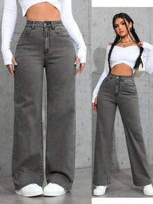 SHEIN PETITE Women's Mid-Rise Straight Leg Casual Loose Fit Jeans - Grey - View 7