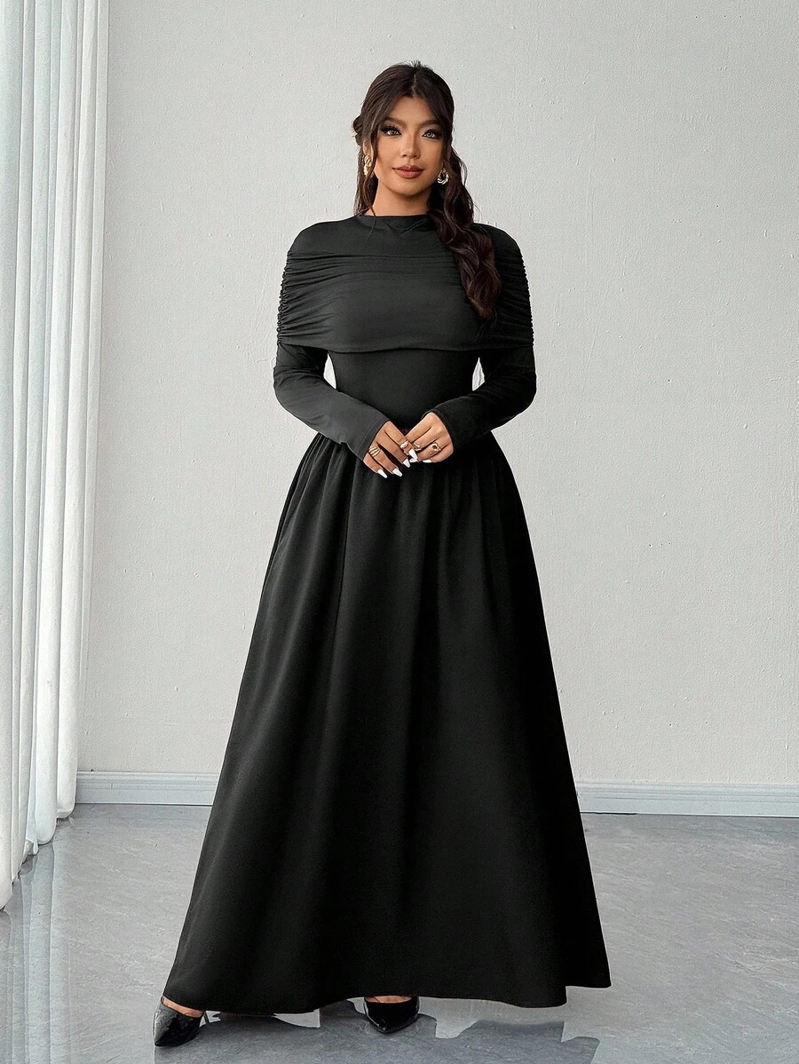 Elenzga Đầm dài tay dáng suông, cổ bẻ xếp ly, tay dài, ôm eo, thanh lịch dành cho nữ cỡ lớn, thích hợp cho mùa xuân/hè. Phù hợp cho các buổi gặp gỡ thường ngày, hẹn hò lãng mạn, dạo phố, phong cách sang trọng, tối giản, thời trang cỡ lớn. - màu đen - Xem 1