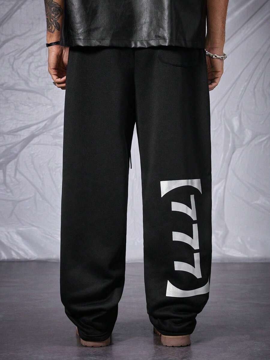 Manfinity VCAY Men's Loose Letter Print Silver Reflective Knit Long Pajama Pants - Black - View 1