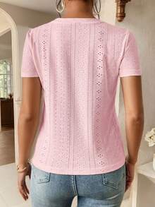 SHEIN Frenchy Áo thun cổ tròn thêu lỗ trơn - Màu Hồng baby - Xem 2