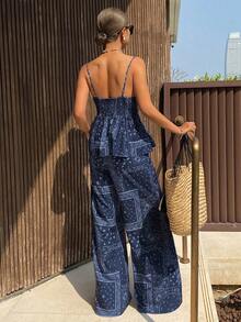 Livesso 女士性感沙滩度假佩斯利围巾拼接印花荷叶边吊带背心和阔腿裤套装 - 藍色 - 查看 2