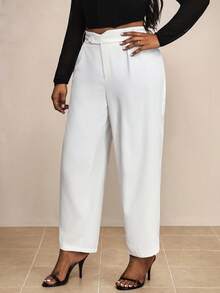 Truni Plus Size Solid Color Straight-Leg Pants With Diagonal Pockets, For Pear Triangle Body Shape - White - View 5