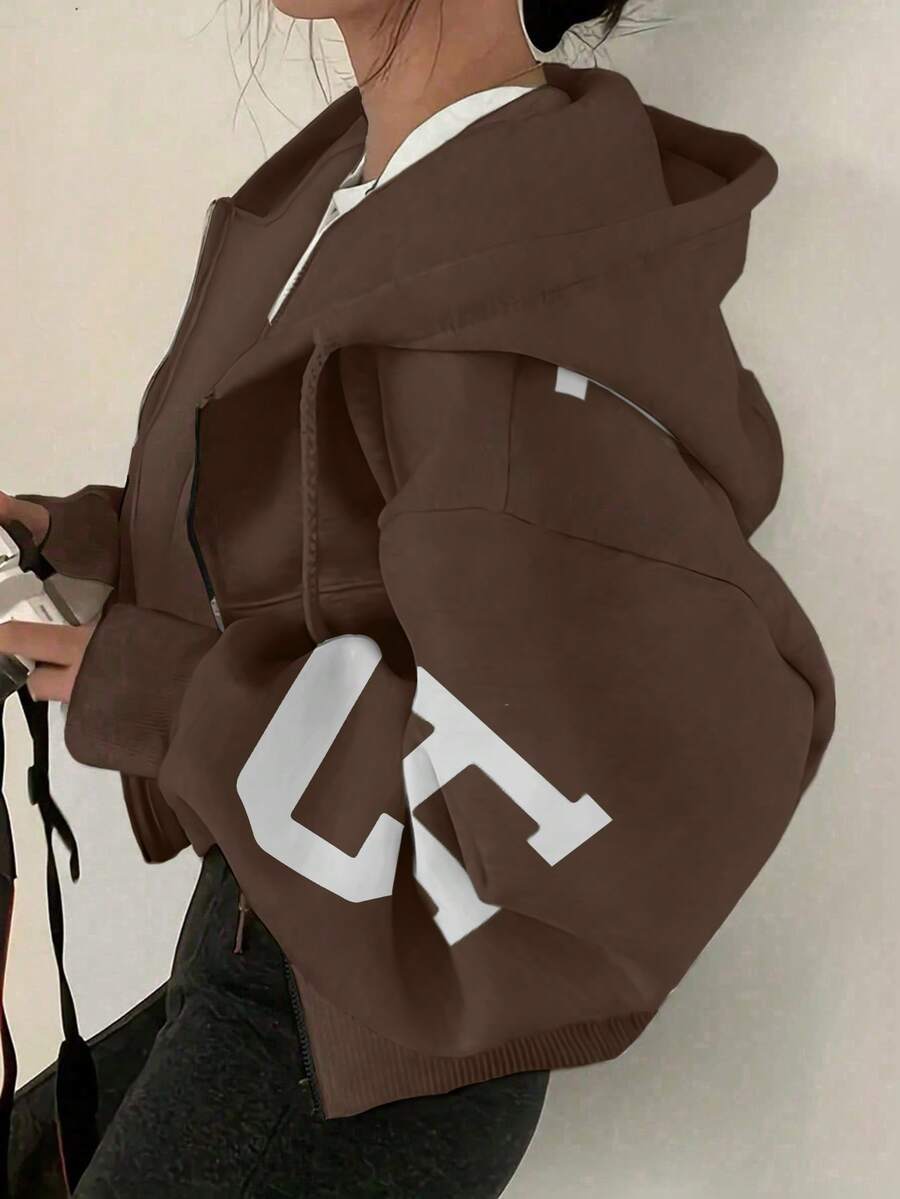 INAWLY 连帽运动衫卫衣秋冬季加厚宽松短外套七分袖上衣 - 棕色 - 查看 1