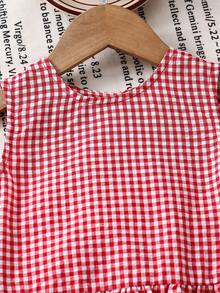 2pcs Young Girl Woven Plaid Sleeveless Casual Top And Pants Set - Red - View 5