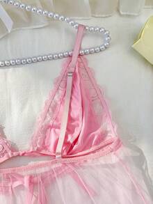 PetitDoll 两件套加大码蕾丝网纱内衣套装 - 淺粉色 - 查看 9