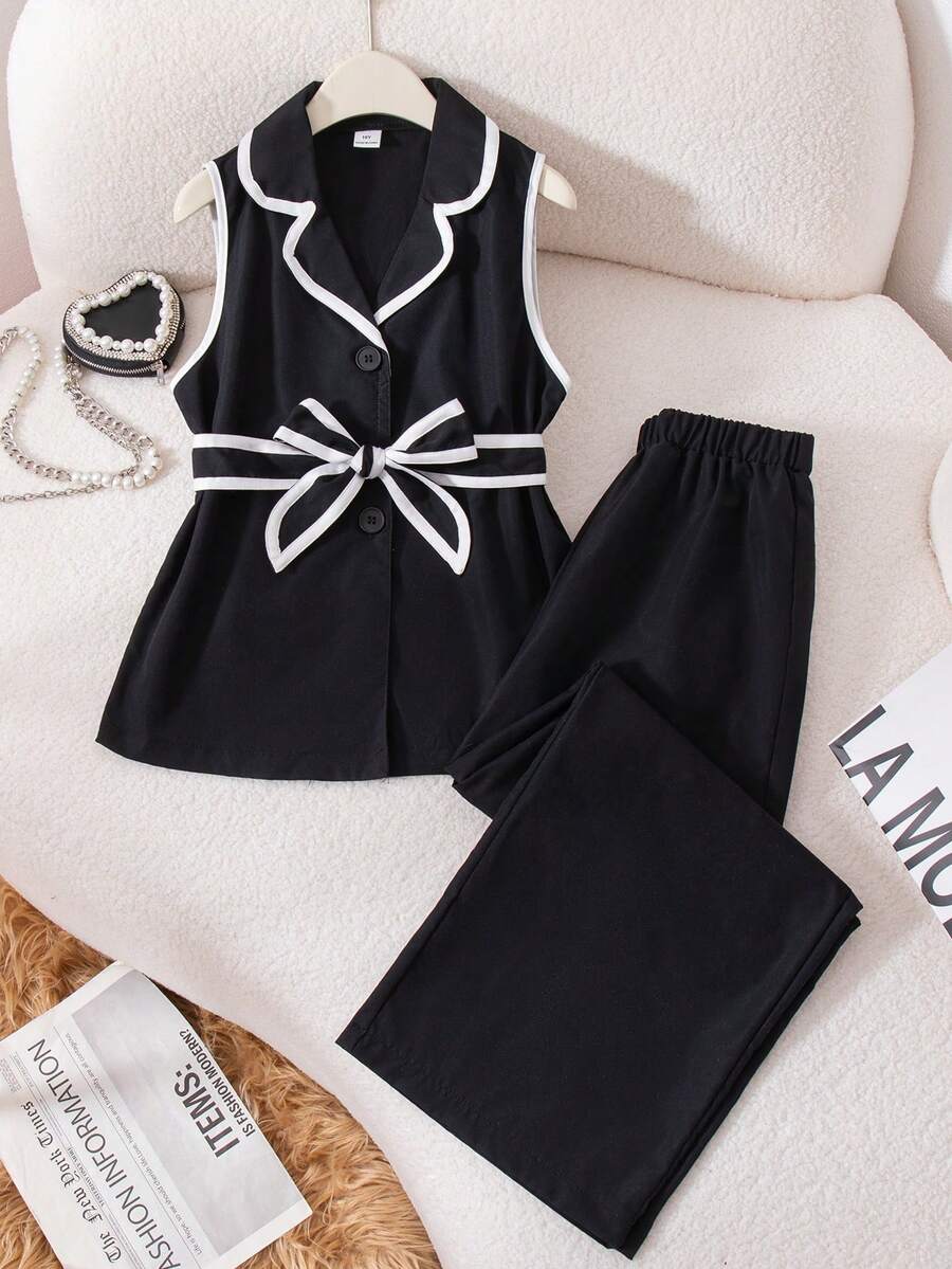 SHEIN 2pcs/Set Older Girls' Commuting Minimalist Sleeveless Vest Jacket+Pants,Black And White Summer Farewell,With Belt,Contrast Button,Loose Straight Leg - Black - View 1