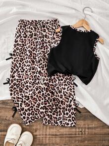 SHEIN Sparklyn 两件套女童针织修身吊带背心搭配针织数码豹纹直筒裤，饰有3D蝴蝶结，美式休闲复古风，适合春夏日常穿着 - 彩色 - 查看 2