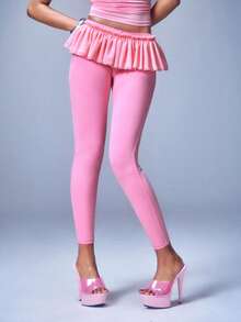 Y2Kool BiGraphic Y2K Girly Pink Mesh Ruffle Low Waist Skinny Leggings, Suitable For Spring/Summer Parties, Holidays, Valentine's Day, Casual Dopamine Outfits - Pink - View 4