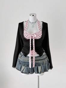 Sunspun Women's Contrast Color Bow Lace Trim Neck Splice Long Sleeve T-Shirt, Fashionable Design - Multicolor - View 4