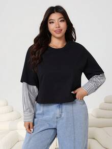 SHEIN EZwear Nuevo casual de primavera/verano 2026 para uso diario, fiesta, cita, cumpleaños, festival de música, vuelta al colegio, de múltiples ocasiones, se puede usar como prenda exterior o en capas, camiseta de manga corta holgada de punto negro con empalme de rayas negras de talla grande - Multicolor - Ver 4