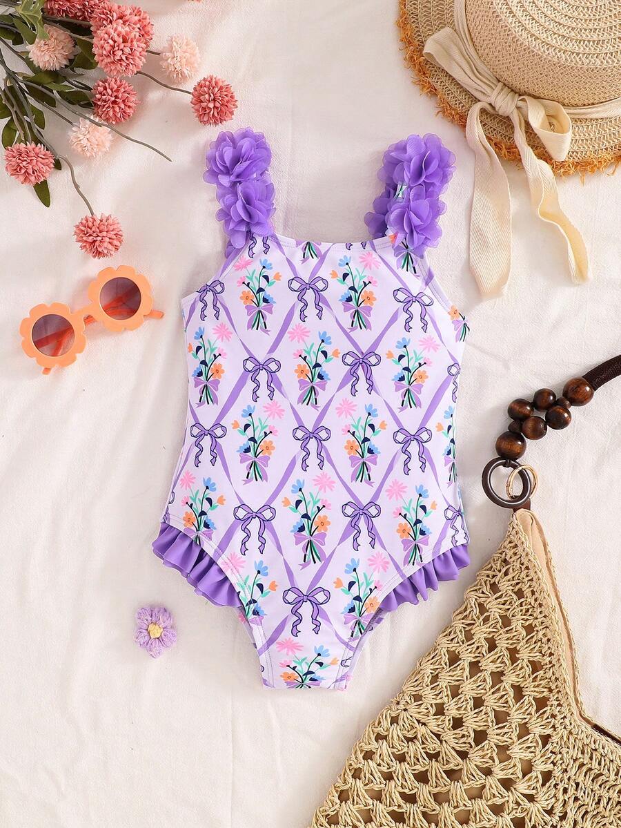 SHEIN Emery Rose Kids Áo tắm liền thân thời trang cho bé gái, in hình bướm và họa tiết hoa 3D, thích hợp cho kỳ nghỉ. - Màu tím - Xem 1