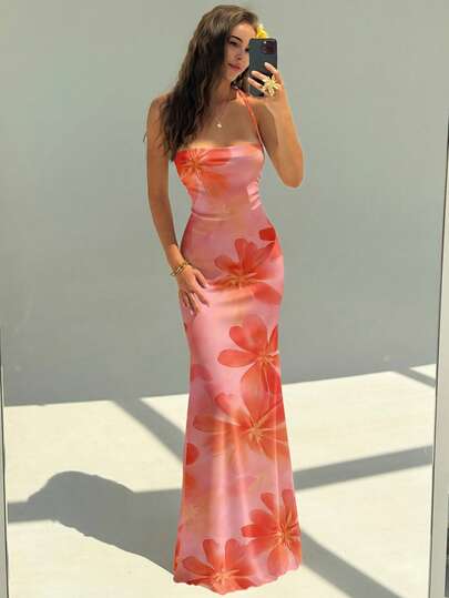 Aloruh 女士优雅芙蓉花印花露背连衣裙，夏季海滩度假装扮，波西米亚热带风情度假婚礼周年纪念伴娘派对约会性感婚礼宾客新娘送礼会白色端庄仙女风