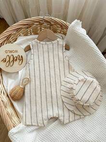 Baby Boy Striped Single-Breasted Round Neck Pocket Casual Sleeveless Romper - Multicolor - View 2