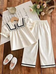 Elladie kids Young Girls Shirt Set - Top With Sweet Cute Contrast Collar, Elastic Cuff + Straight Leg Pants With Crinkle Texture Fabric, Casual Style Suitable For Summer Girls Spring Autumn Suit Girl Two Piece Pants Set Girls Clothes Sets Shirt Pants Collar Shirt Pants Set