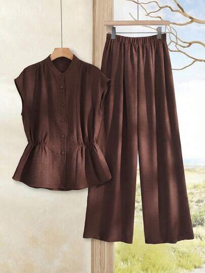 Rusticease 2pcs Women's Crew Neck Solid Sleeveless Top And Floral Print Pants Casual Vacation Outfit,Women Clothing Sets