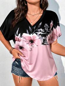 SHEIN 大码女式法式休闲优雅短袖印花T恤 - 彩色 - 查看 1